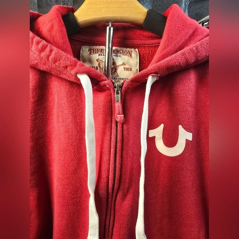 True Religion Mens Red World Tour Buddha Zip Up Hoodie Horseshoe Logo Sweatshirt